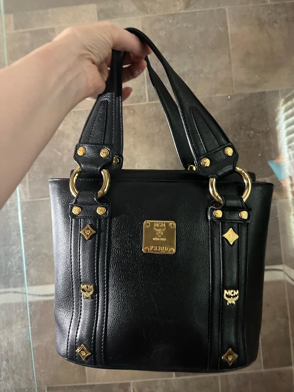 MCM Black Leather Shoulder Bag with Gold Hardware